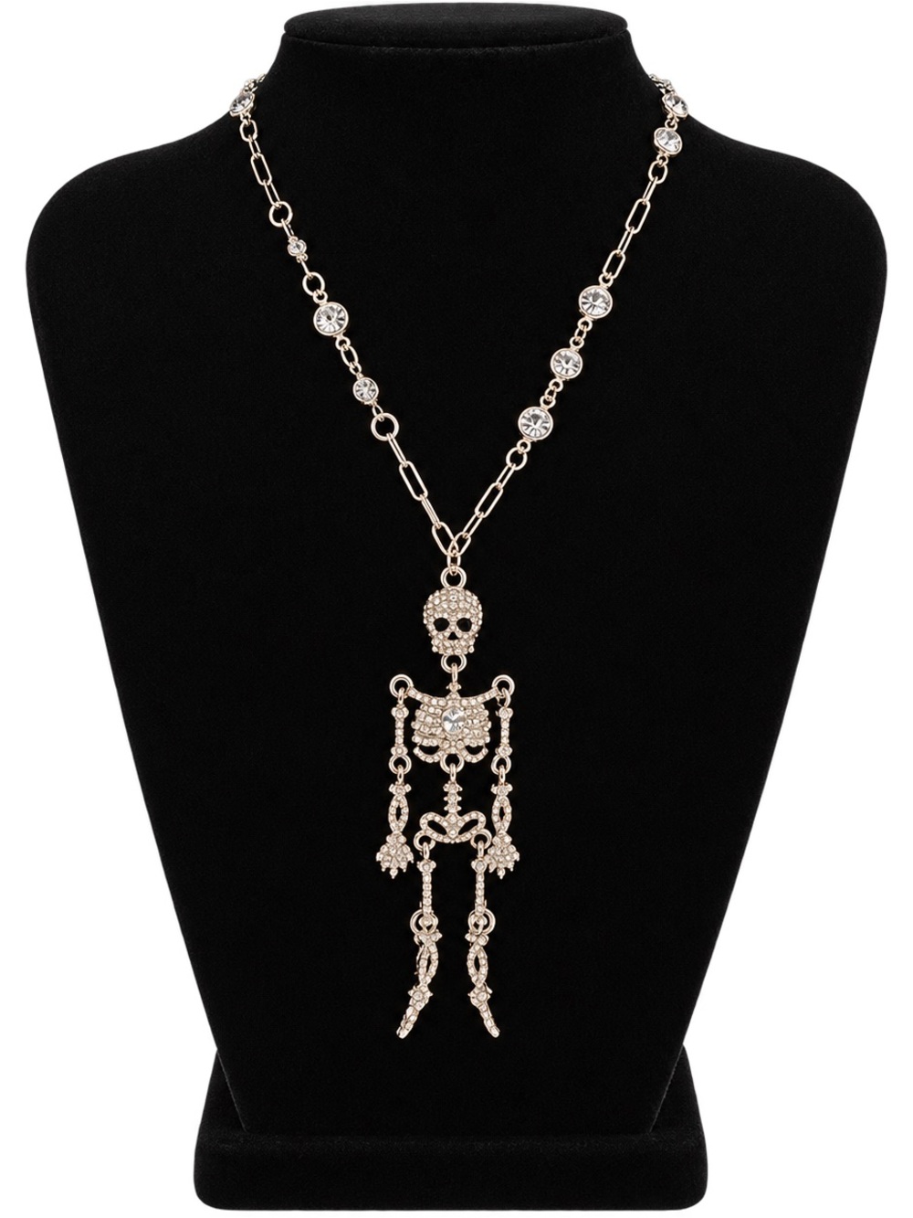 Rhinestone Skeleton Pendant Necklace - Silver Tone